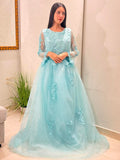 Pakistani Net Outfit with Intricate Lace Work – Blue, Medium Size