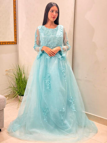Pakistani Net Outfit with Intricate Lace Work – Blue, Medium Size