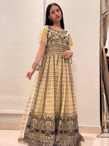 Pakistani Net Embellished Outfit – Beige, Medium Size