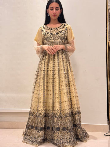 Pakistani Net Embellished Outfit – Beige, Medium Size