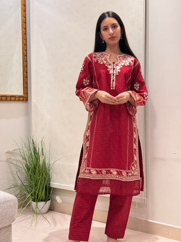 Women's Pakistani Embroidered Salwar Kameez Set, Red Cambric Cotton, Traditional Kurta with Matching Pants - Large Size