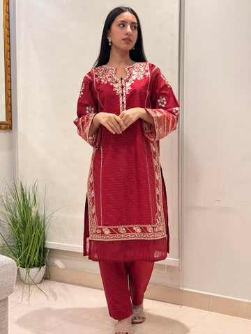 Women's Pakistani Embroidered Salwar Kameez Set, Red Cambric Cotton, Traditional Kurta with Matching Pants - Large Size