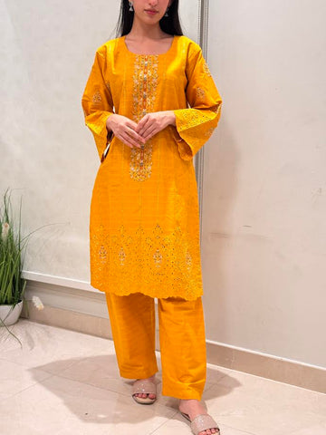Pakistani Cotton Silk Salwar Kameez – Yellow, Medium Size