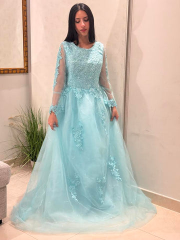 Pakistani Net Outfit with Intricate Lace Work – Blue, Medium Size